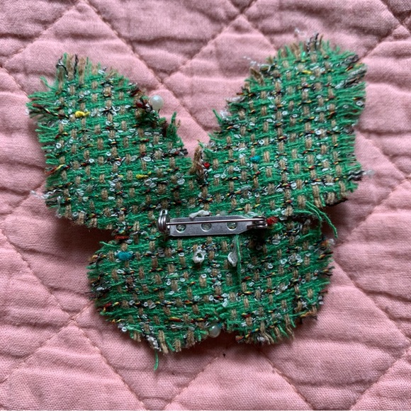 VINTAGE - Green fabric butterfly brooch - pin - with beads and rhinestones - Picture 4 of 6